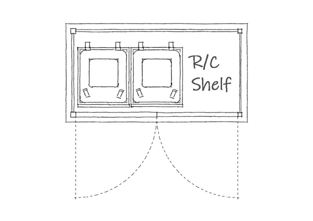 Triple wheelie bin store with recycling boxes shelf plan