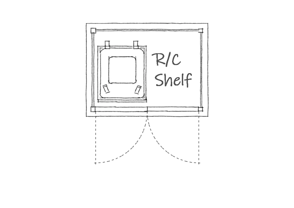 Double wheelie bin store with recycling boxes shelf plan