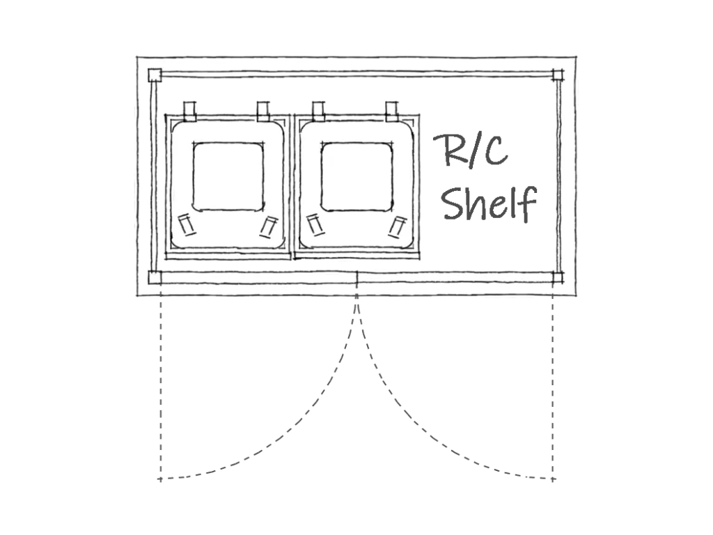 Triple wheelie bin store with recycling boxes shelf plan