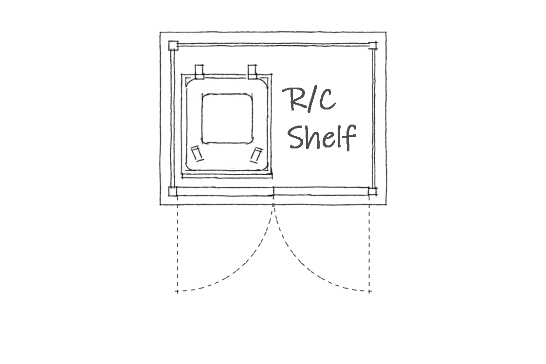 Double wheelie bin store with recycling boxes shelf plan