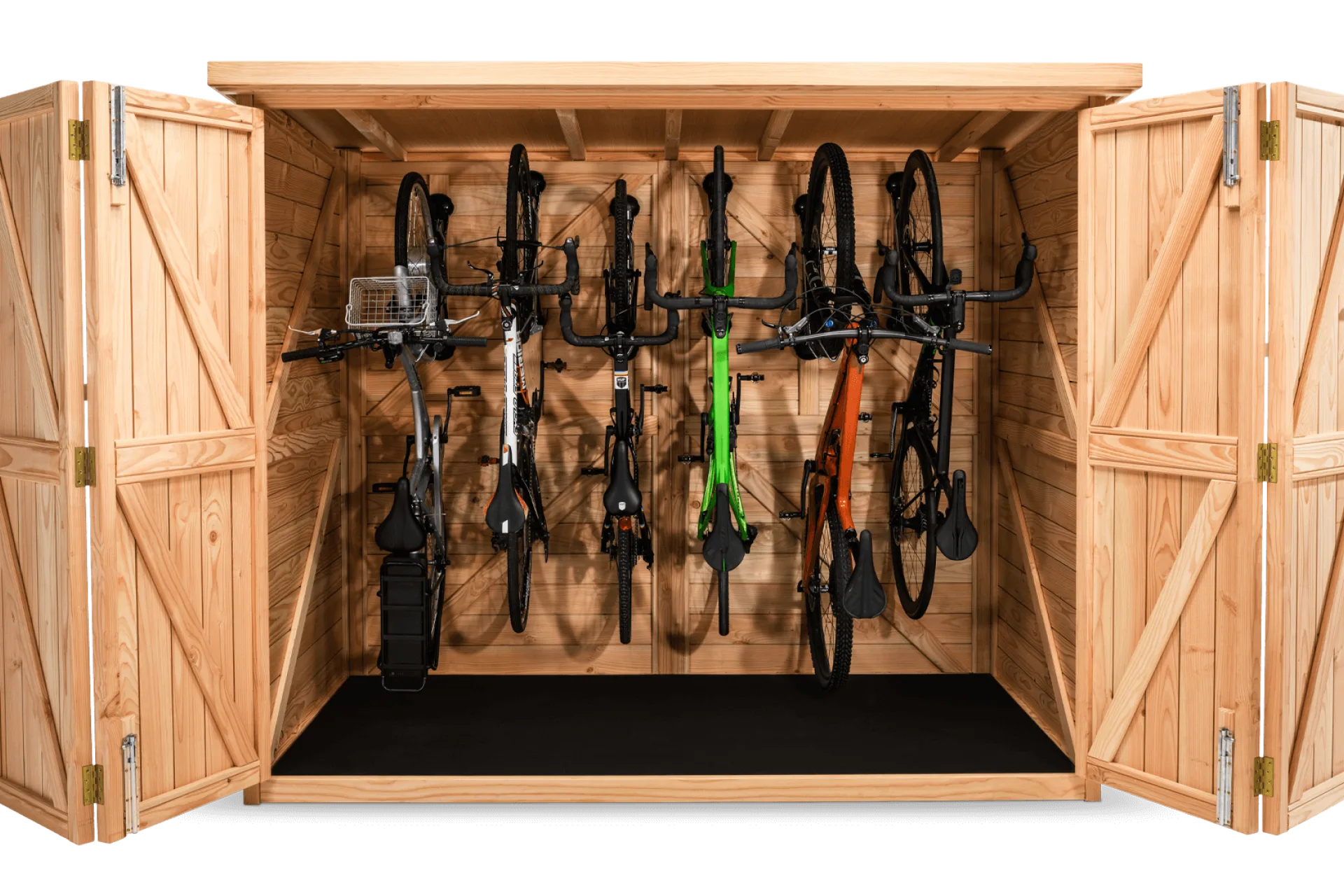 Vertical bike shed full of hanging bikes