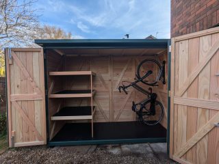 V shed with shelves