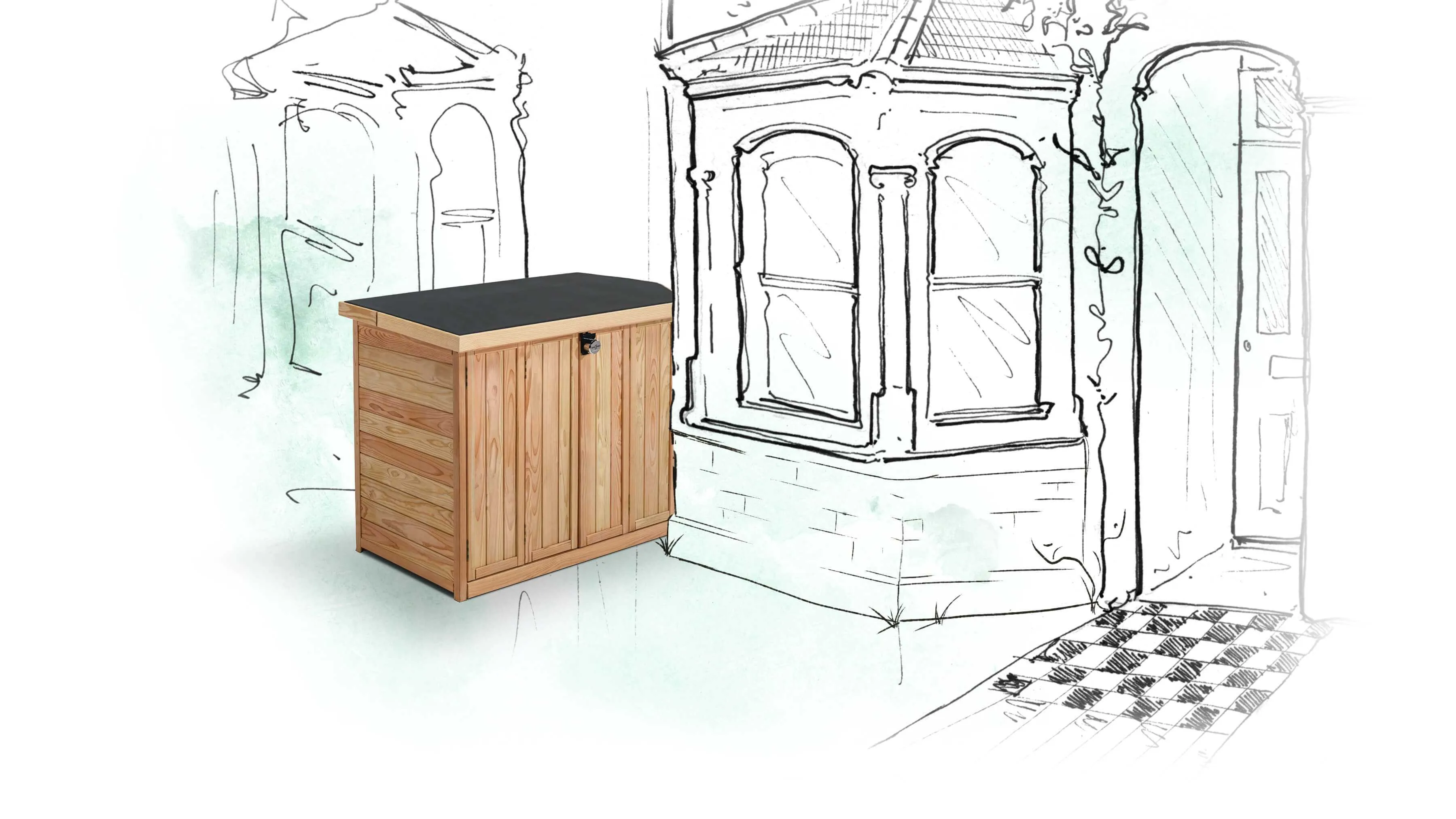 Our Bike Bay wooden bike shed set against a sketch drawing of a victorian bay windowed town house