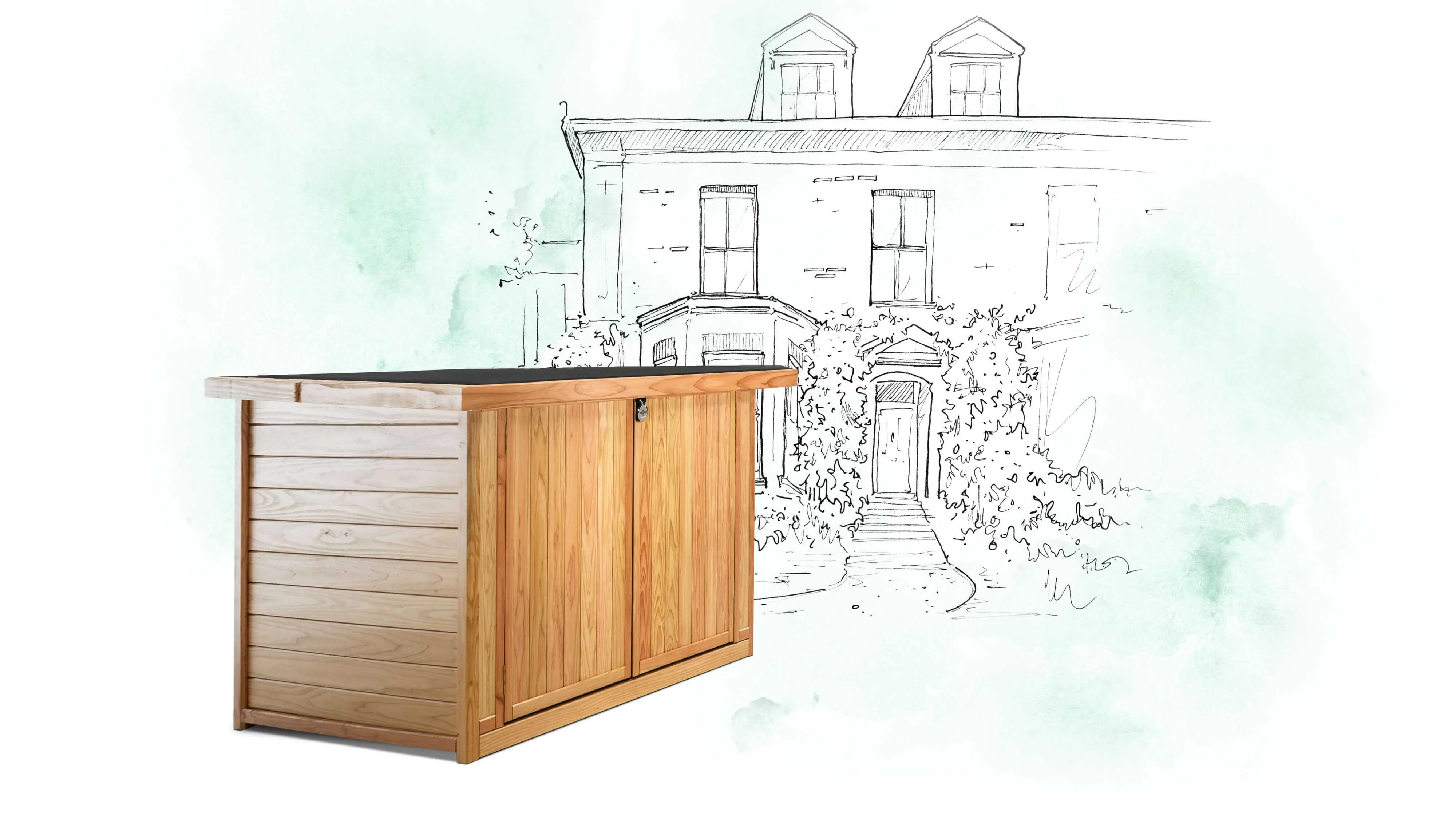 Our pedal base wooden bike shed set against a sketch drawing of an elegant town house