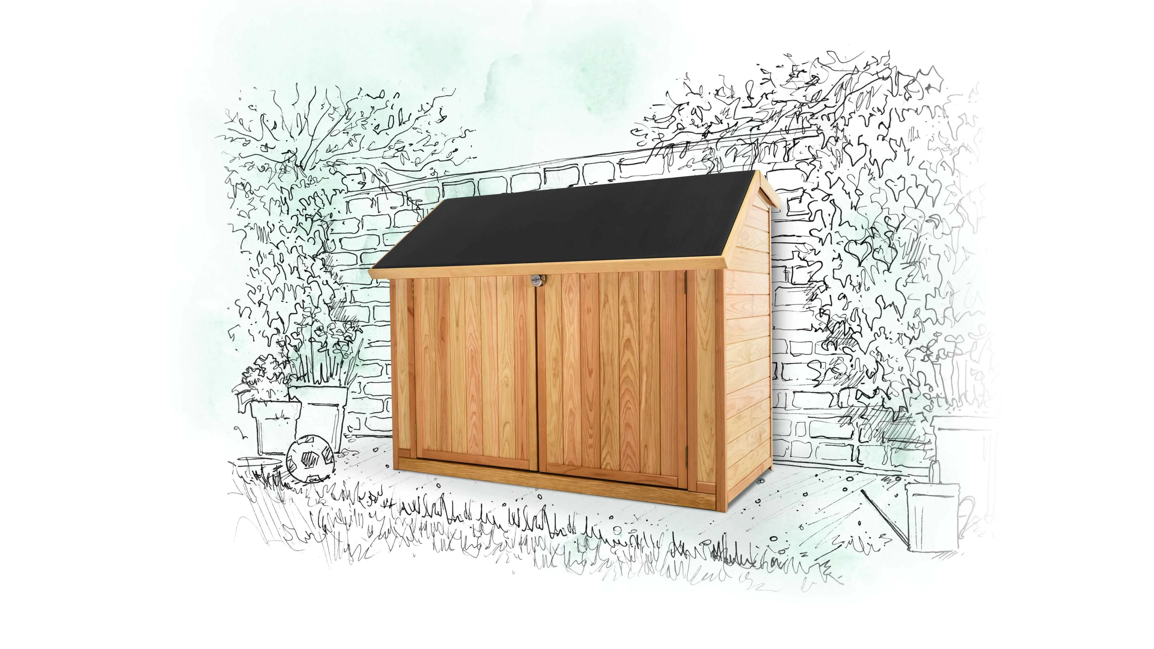 Our Spokeshed wooden bike shed set against a sketch drawing of a vine covered red brick wall