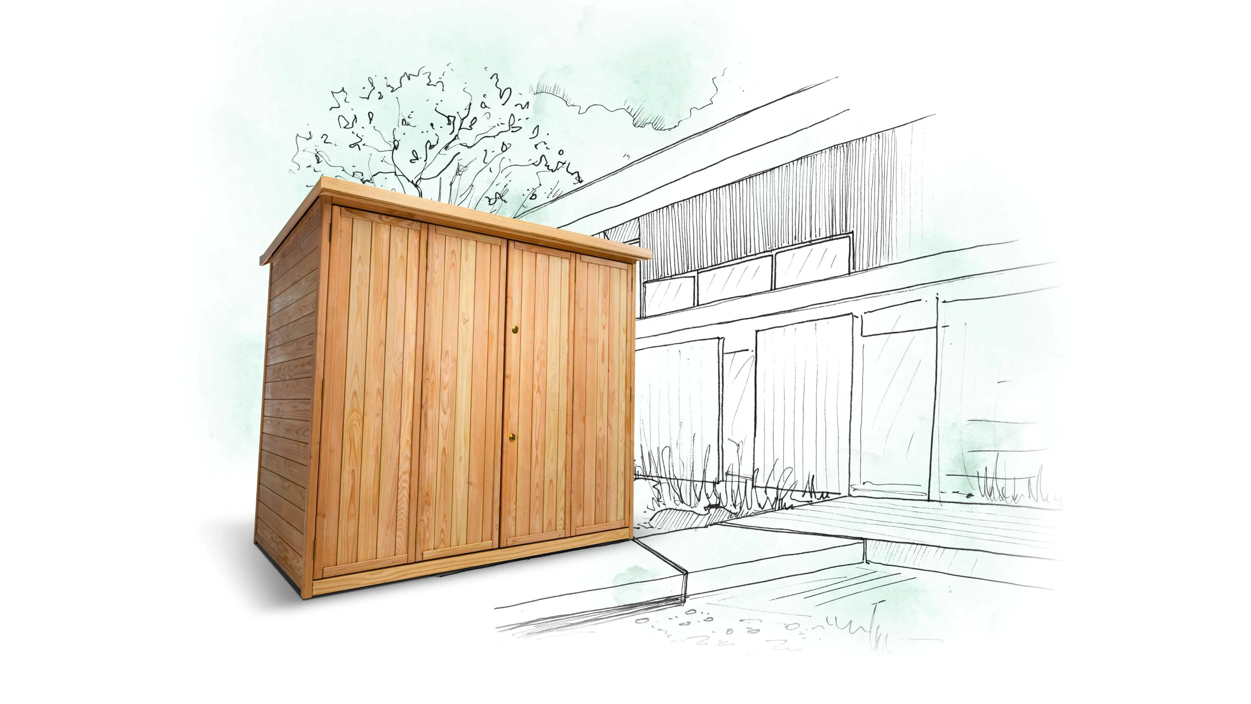 Our V-Shed vertical wooden bike shed set against a sketch drawing of a modern building