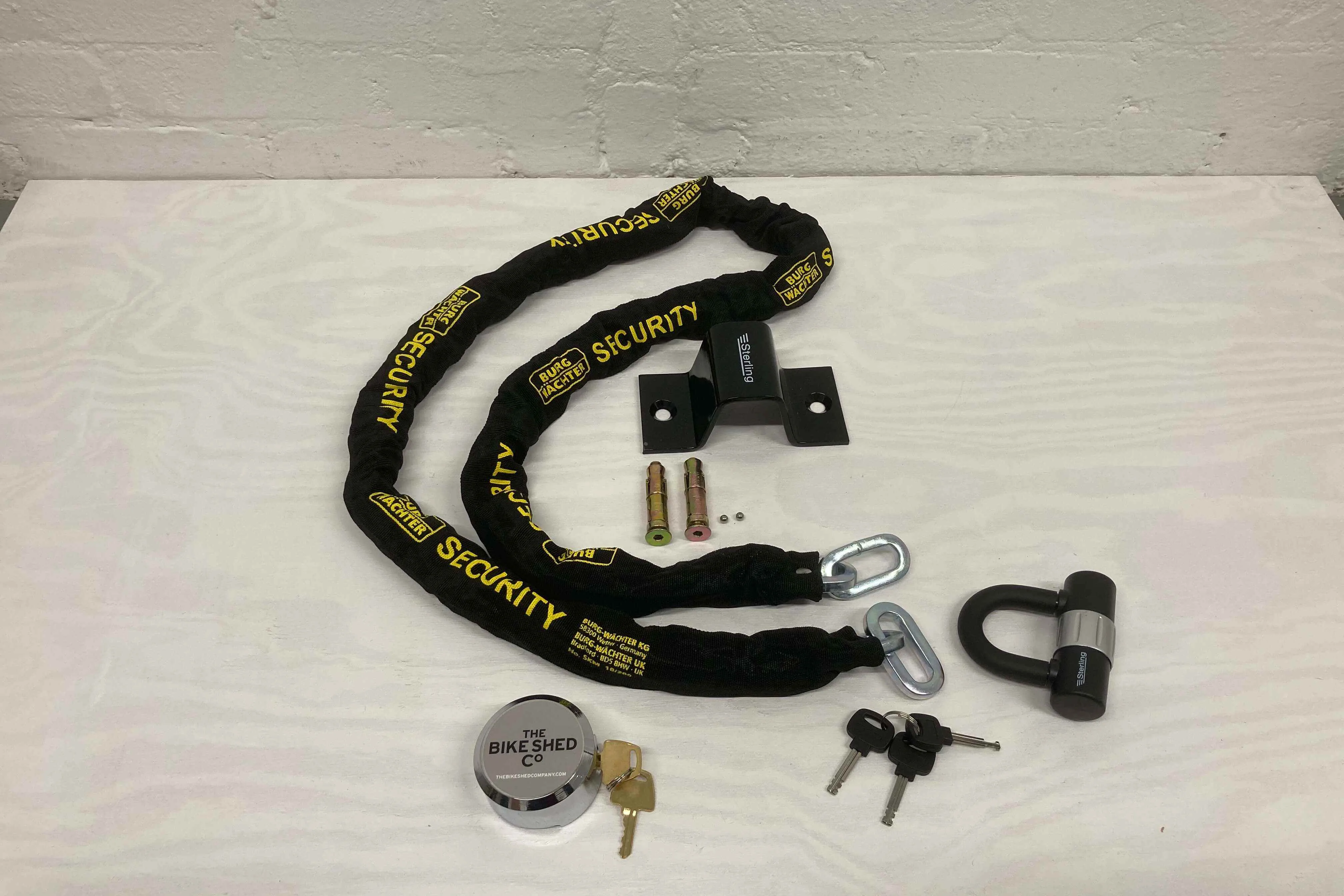 Bike shed enhanced security pack - containing heavy duty chain and padlock and bike anchor point